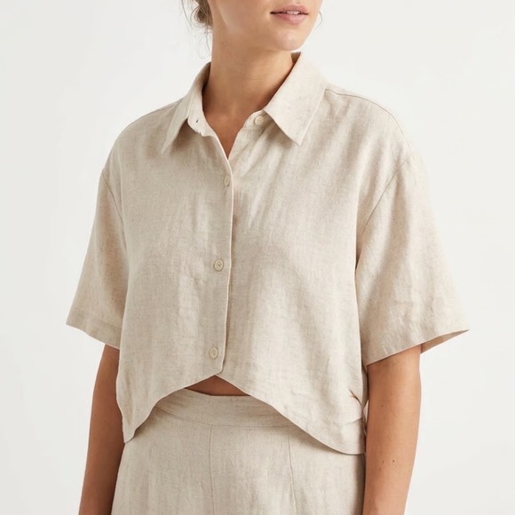 STIL Collection Tops - STIL Collection Oatmeal Cotton Linen Cropped Button Down Shirt Large